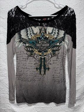 Harley Davidson Lace Top Womens Large Studded Cross Wings Y2K